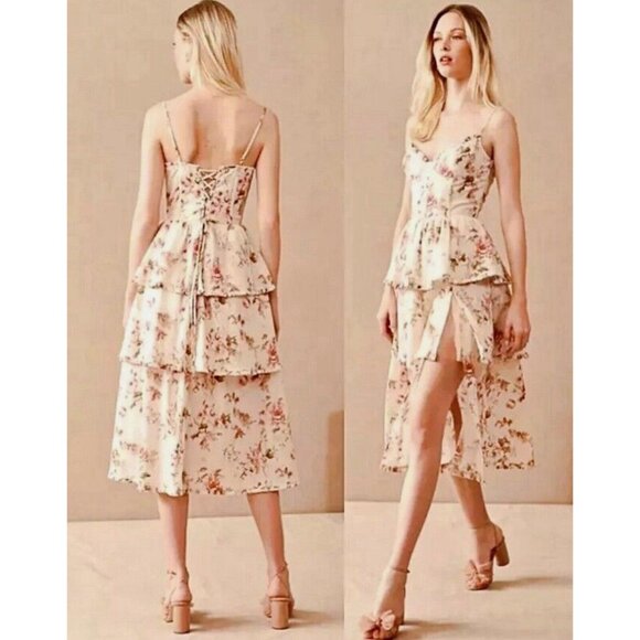 NEW! House of Harlow Ponte Bustier Lace-up-back Tiered Maxi Dress Linen SZ S - Picture 4 of 11